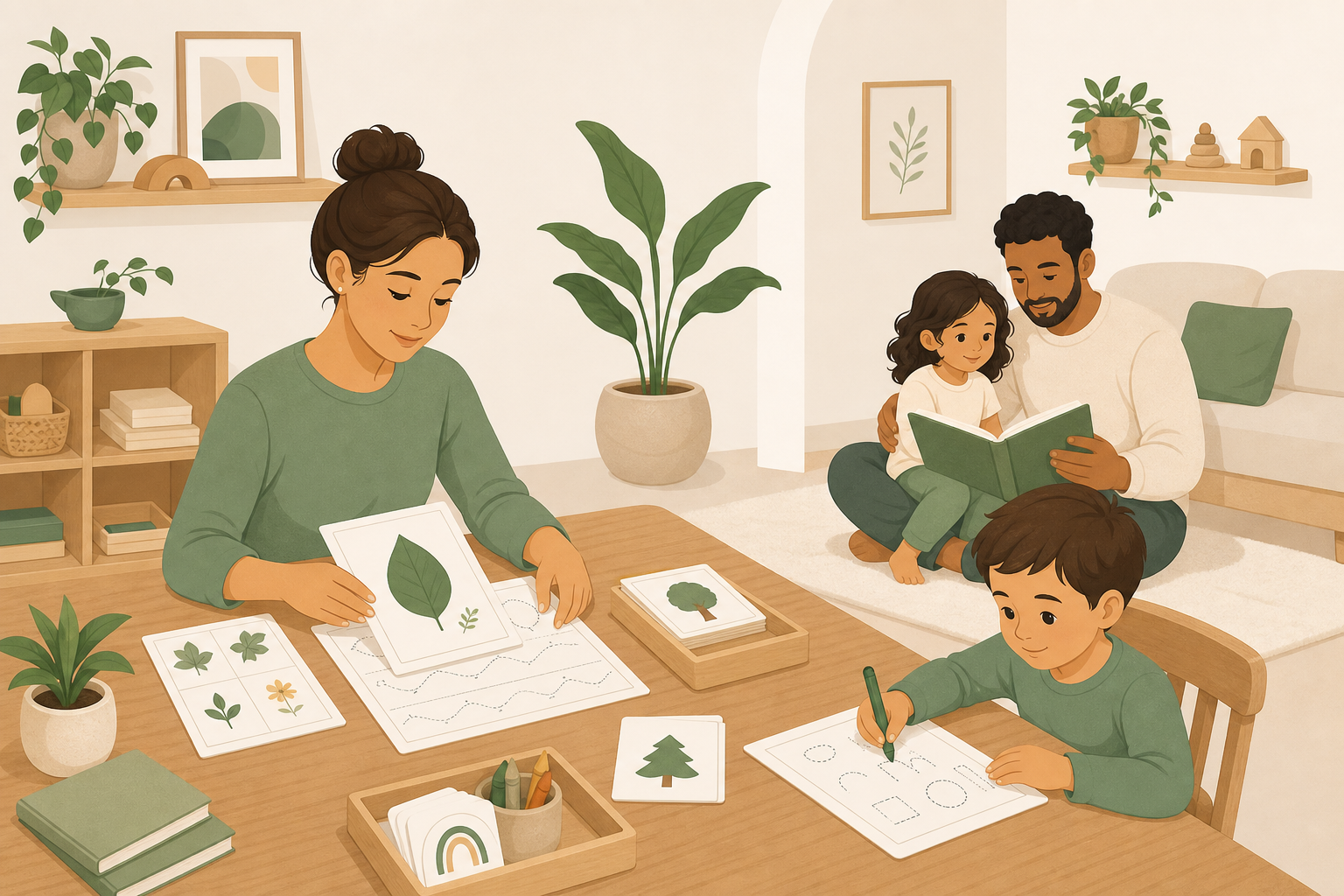Teachers preparing printable resources while children and families engage in early learning activities