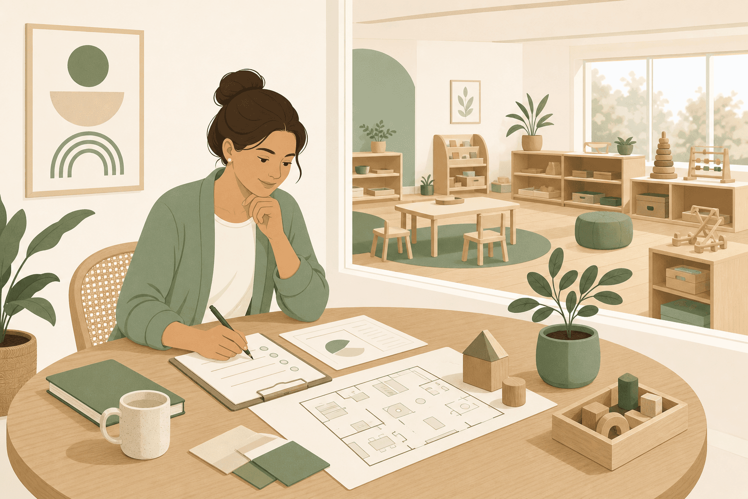 A founder planning and setting up an early years preschool with classroom materials and planning documents